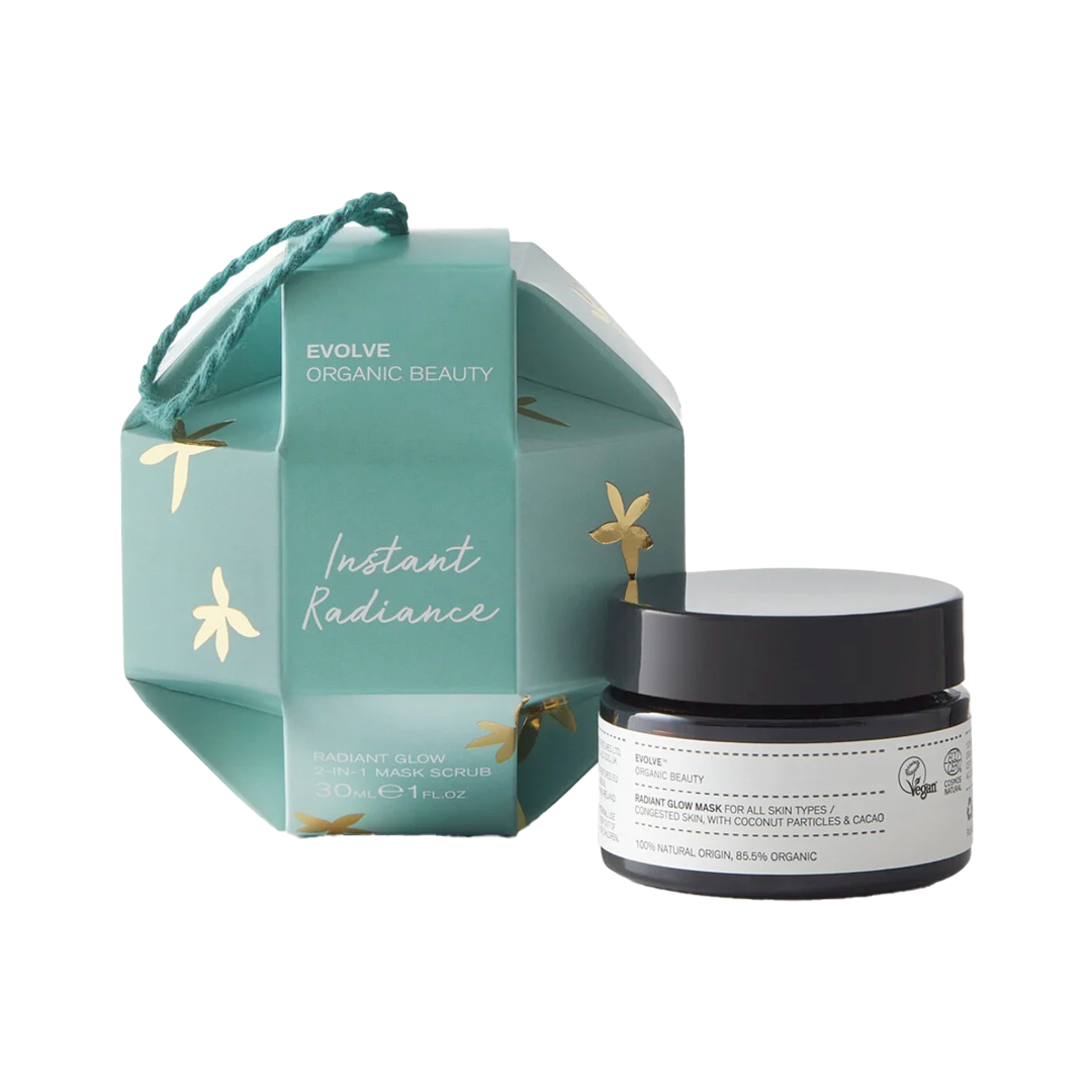 Evolve Organic Beauty Instant Radiance Bauble - Giftbox Radiant Glow 2-1 Mask scrub voor in de kerstboom of gewoon cadeau