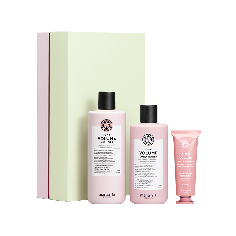 De Maria Nila Pure Volume Gift Box is gemaakt van 100% gerecyclede materialen en bevat een Pure Volume Shampoo, Pure Volume Conditioner. is geheel vegan, dierproefvrij en natuurlijk.