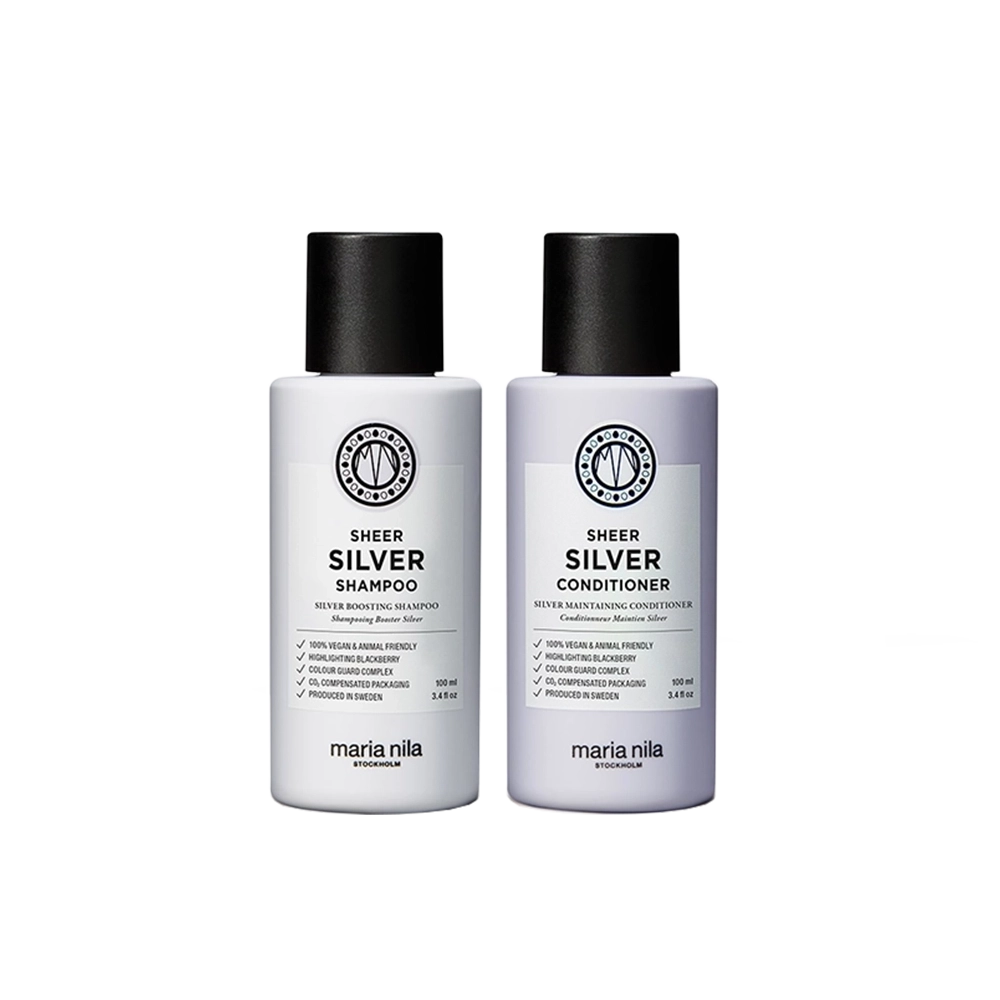 Maria Nila Sheer Silver bundel met Sheer Silver shampoo (100 ml) en Sheer Silver conditioner (100 ml). Perfect voor op reis!
