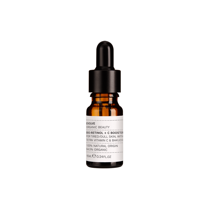 Evolve Beauty's Bio-Retinol +C Serum is een natuurlijke booster op oliebasis. Gebruik dit gezichtsserum als verrijking van je gezichtscrème om de doffe en vermoeide huid er beter uit te laten zien. 