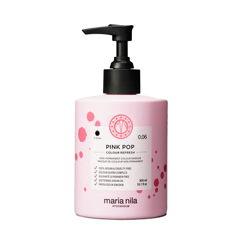 Pink Pop Colour refresh kleurmasker. Dit niet-permanente kleurmasker van Maria Nila is speciaal ontwikkeld om je haar een mooie roze kleur te geven zonder de haarstructuur te beschadigen. De formule is verrijkt met plantaardige extracten en bevat geen parabenen, sulfaten of ftalaten, wat het een ideale keuze maakt voor degenen die op zoek zijn naar een natuurlijke en gezonde optie voor het kleuren van het haar.